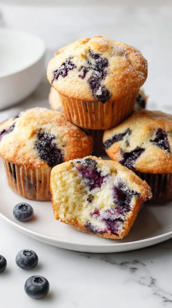 finished blueberry muffins arranged on a simple white ceramic plate, set on a white marble kitchen counter in a bright white kitchen, muffins with high rounded golden-brown tops, soft pale yellow crumb visible in one muffin split open, deep purple-blue blueberries baked into the tops and sides, a light sugar crust sparkling on top, realistic size and texture, tender bakery-style muffins with slightly crisp edges and moist centers, a few loose fresh blueberries scattered nearby