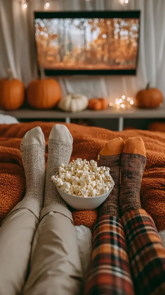 two pairs of legs and feet, bowl of popcorn, tv in the background