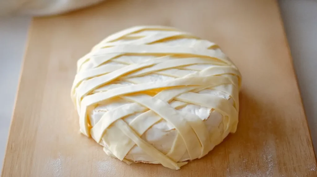 round of brie wrapped with puff pastry strips