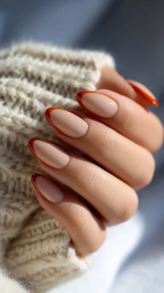 beige base-burnt orange tips manicure