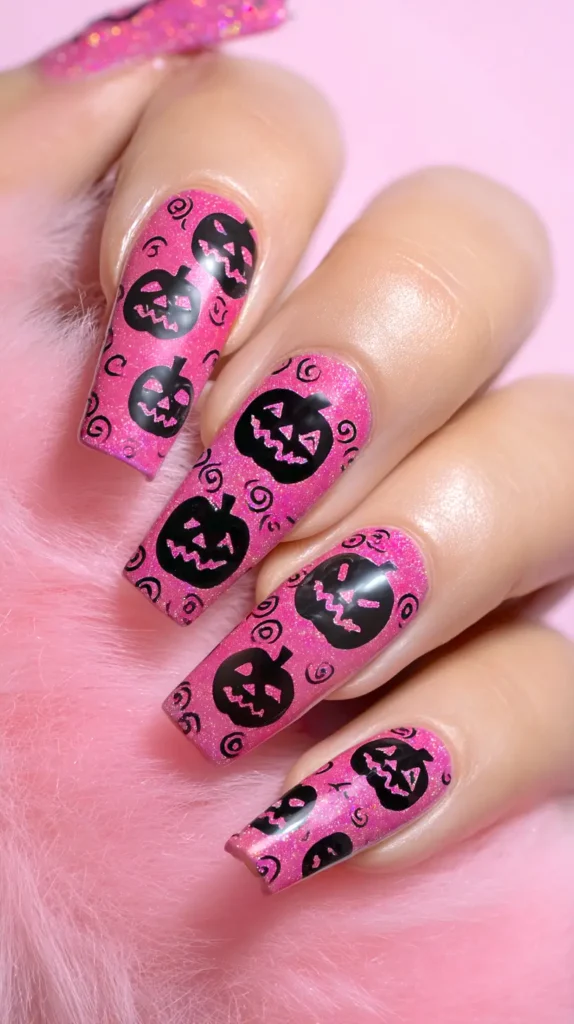 long coffin nails with black jack o lanterns, magenta pink base