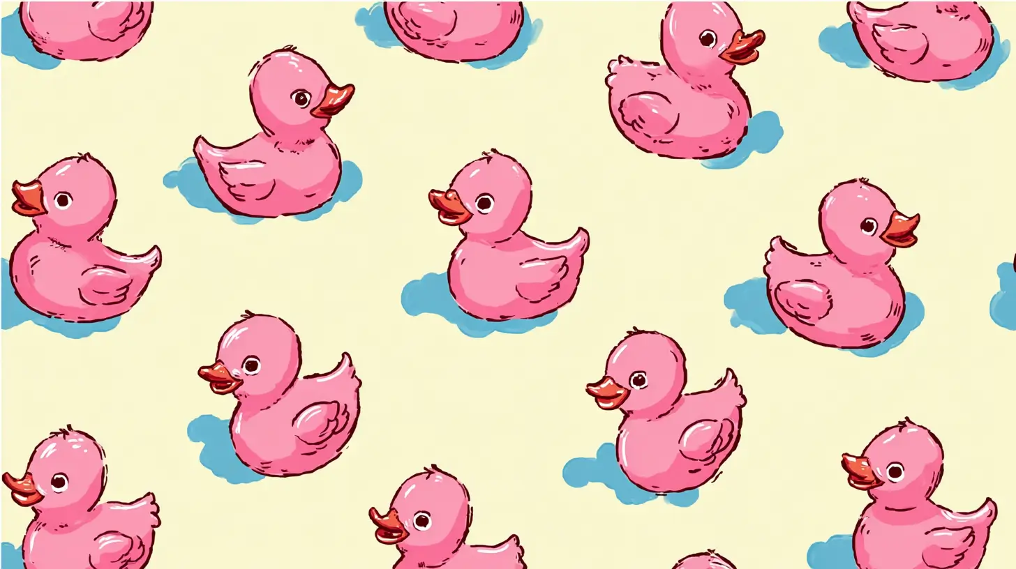 pink rubber ducks on a pale yellow background