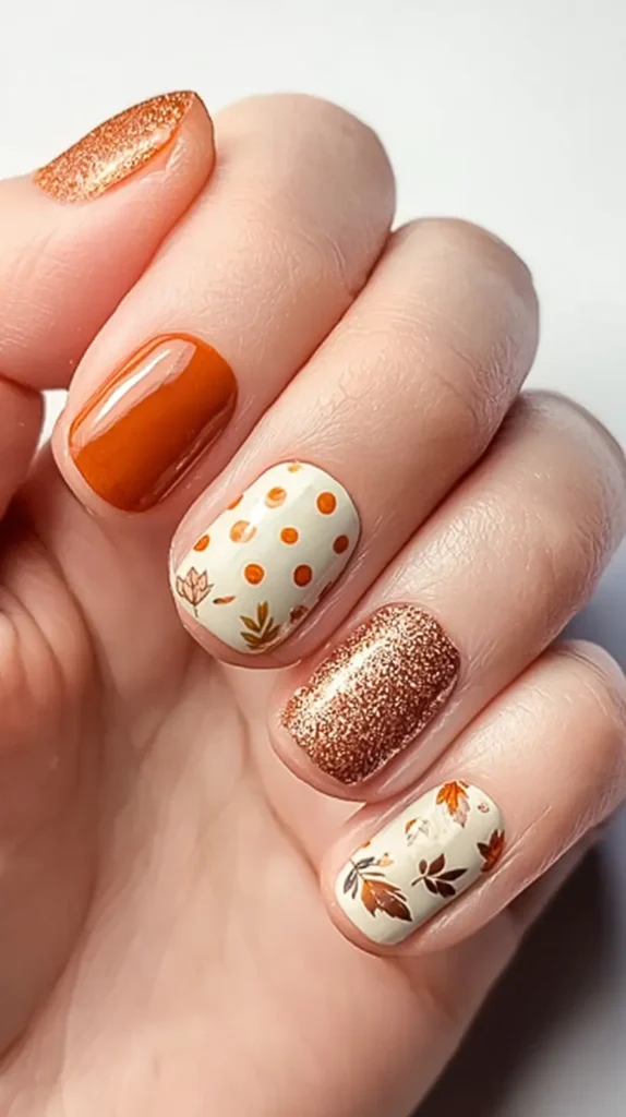dots, leaves, fall colors, manicure