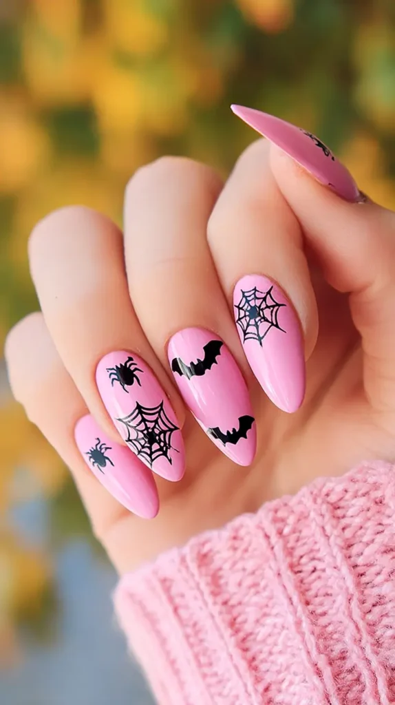 pink October nails, with black bats, spiders, webs
