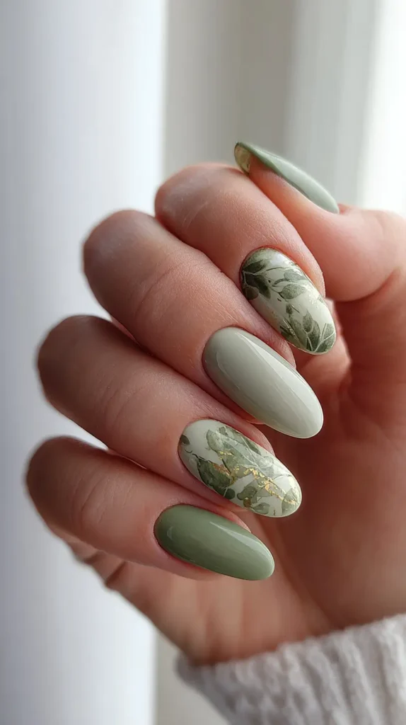 sage green manicure with leaves