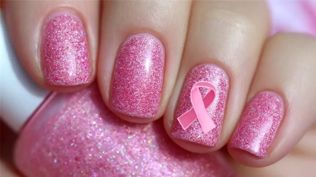 pink glitter breast cancer awareness manicure with ribbon