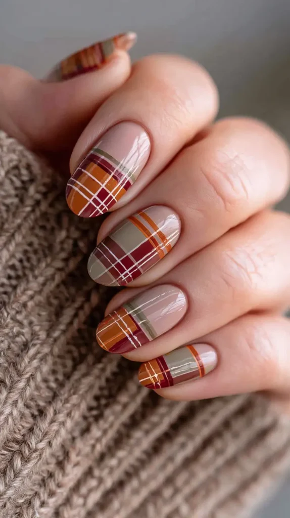 fall-colored plaid October nails
