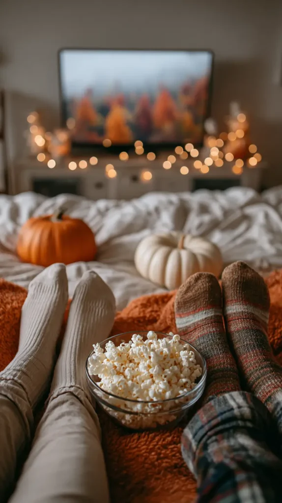 fall sleepover, 2 sets of legs in pjs, movie in the background, popcorn