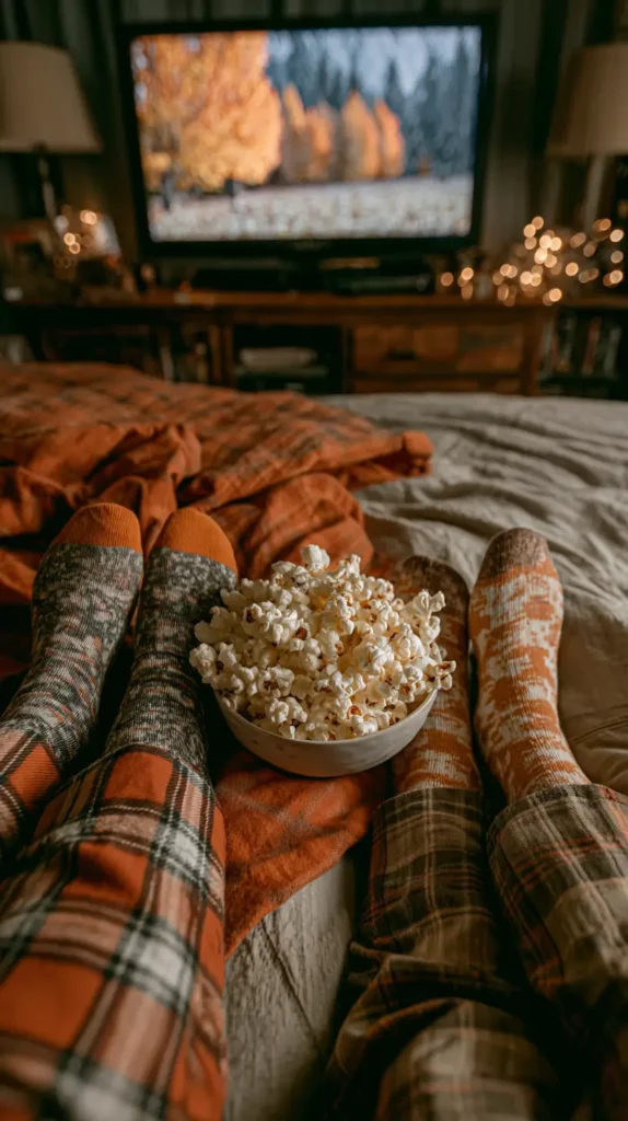 cozy socks, plaid pants, popcorn bowl, movie night