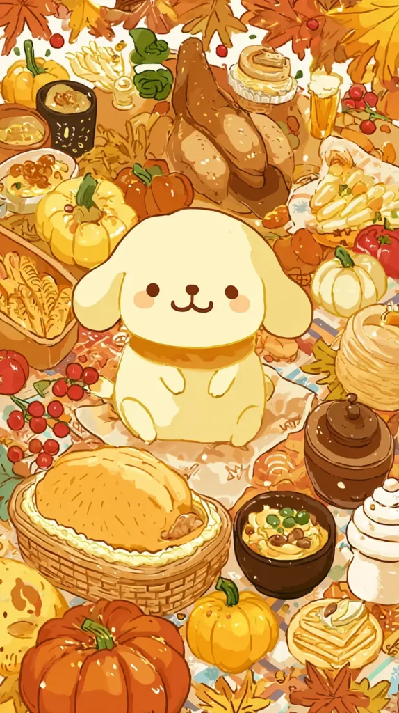 pompompurin inspired drawing, surrounded by fall foods