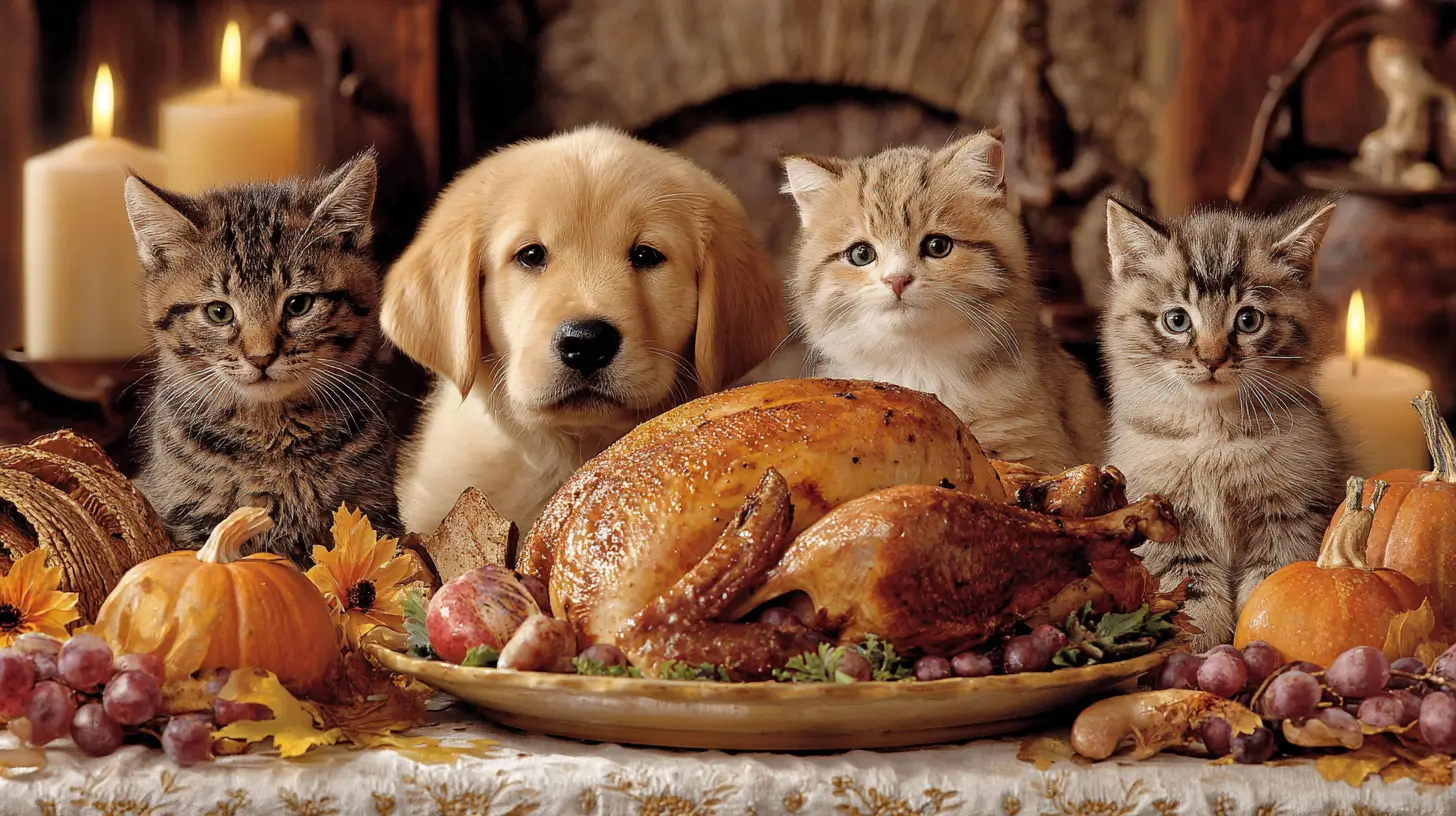 three kitties and one dog, turkey feast