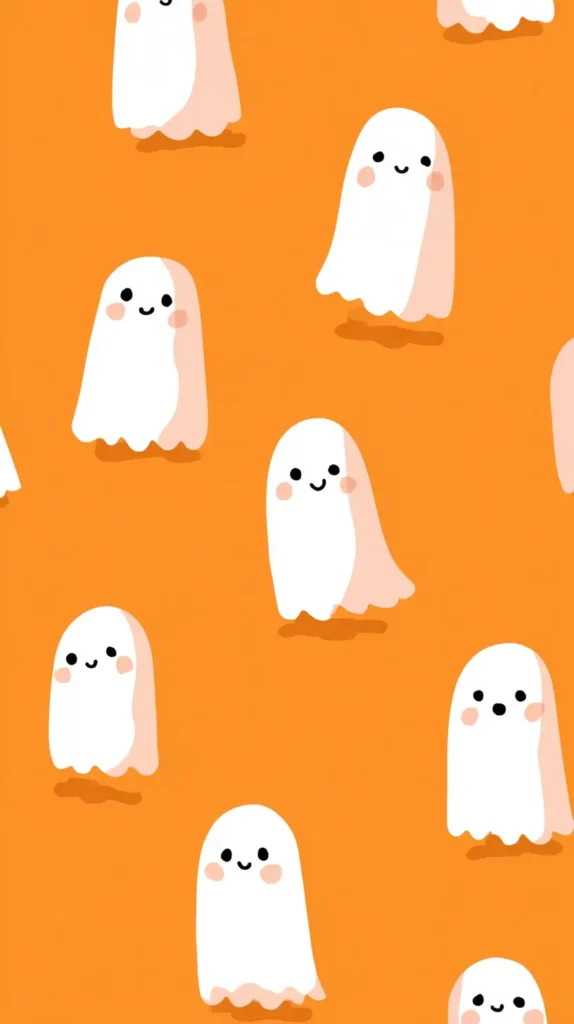 white ghosts on an orange background, cute Halloween wallpaper