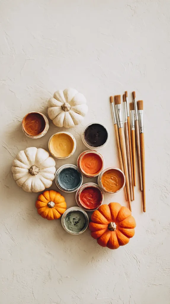 paint supplies and mini pumpkins