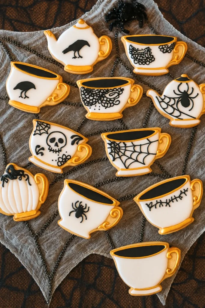 tea party iced cookies with Halloween designs