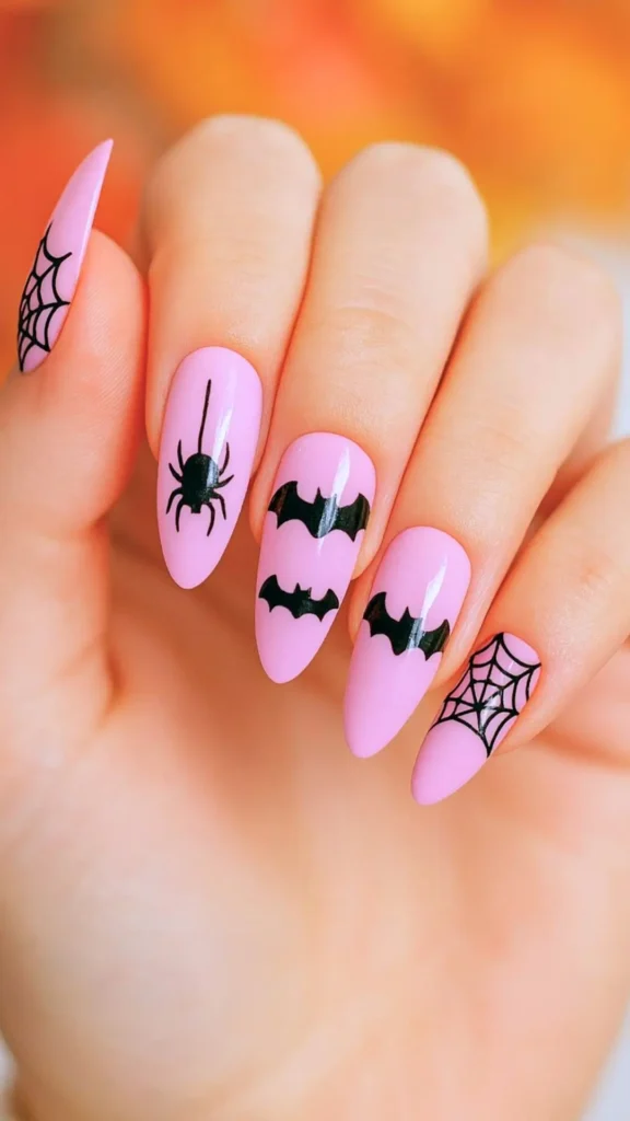 pink October nails with black Halloween objects