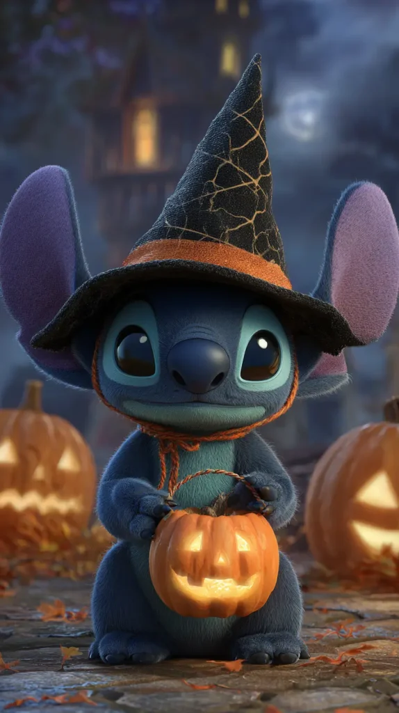 Stitch dressed as a witch holding a jack o lantern 