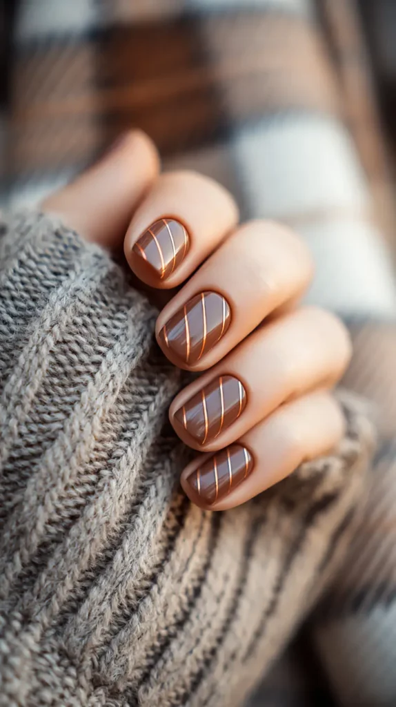 brown nail base with thin gold stripes