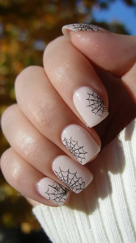 off-white base manicure with black spider webs painted in