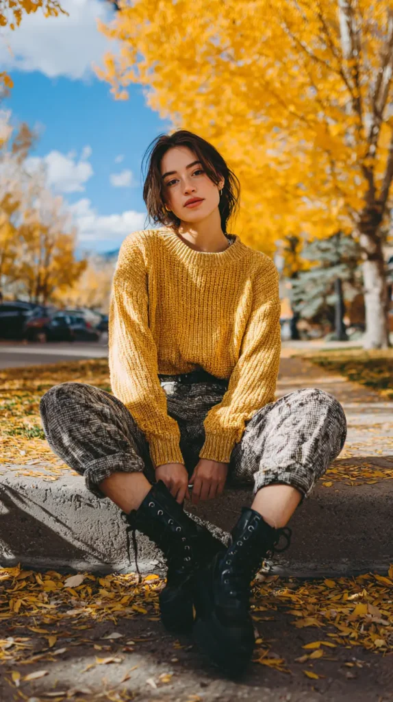 woman in a sweater (mustard color) and plaid pants outside on an autumn day