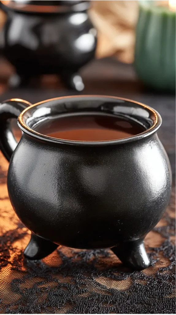 cauldron shaped mug with hot beverage inside