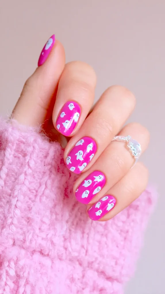 hot pink nail base with white ghosts