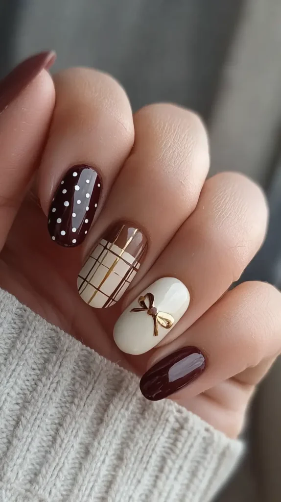 metallic bow painted on ring finger, fall plaid, manicure