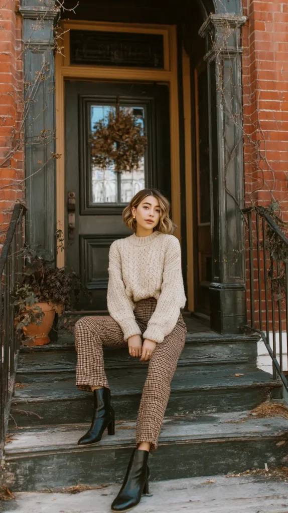 woman outside on the steps of a house, autumn season