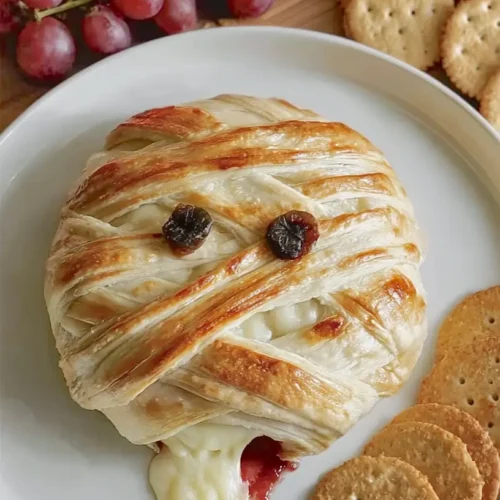 hyper-realistic photo of, Crisp, bright studio white lighting, minimal shadows, no dark images, photographed on a light wooden kitchen counter with a smooth white subway tile backsplash, a baked mummy brie wrapped in deep golden puff pastry strips loosely layered like uneven bandages with small gaps showing melted brie beneath, two small dark raisin eyes pressed gently near the top, gooey cheese oozing naturally with a thin streak of raspberry jam seeping unevenly from one side, resting on a simple white round plate surrounded by plain crackers and red grapes for serving.