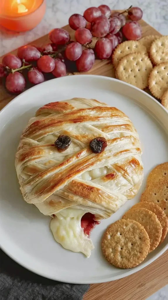 hyper-realistic photo of, Crisp, bright studio white lighting, minimal shadows, no dark images, photographed on a light wooden kitchen counter with a smooth white subway tile backsplash, a baked mummy brie wrapped in deep golden puff pastry strips loosely layered like uneven bandages with small gaps showing melted brie beneath, two small dark raisin eyes pressed gently near the top, gooey cheese oozing naturally with a thin streak of raspberry jam seeping unevenly from one side, resting on a simple white round plate surrounded by plain crackers and red grapes for serving.