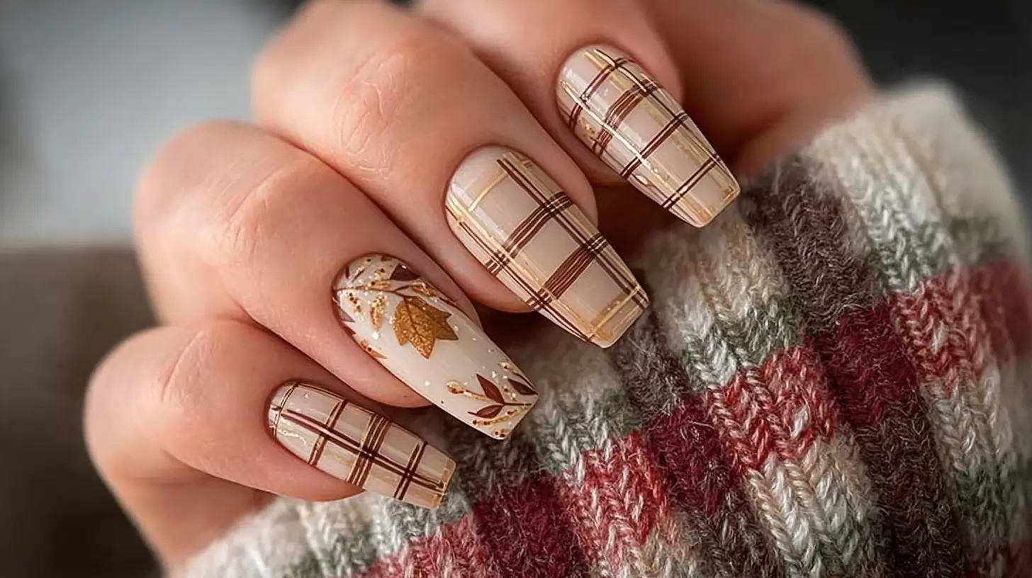 plaid and leaf November nails