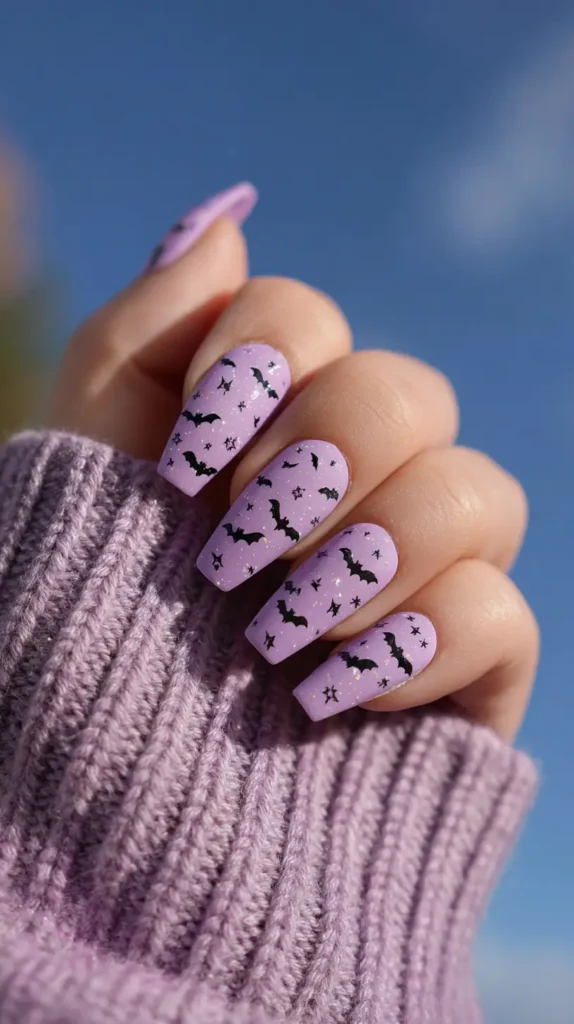 purple base, black bats, manicure