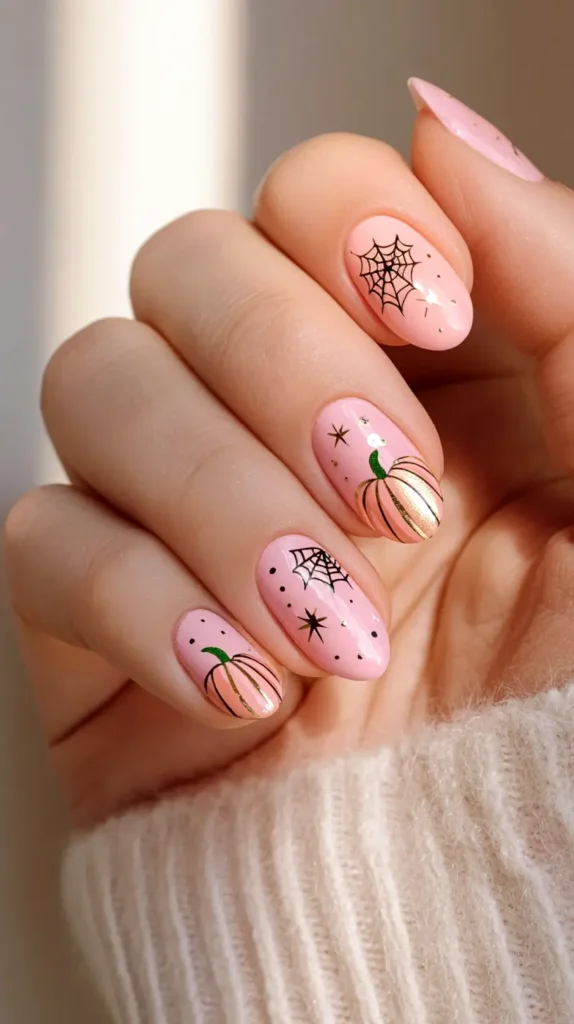 pink October nails, with gold pumpkin accents