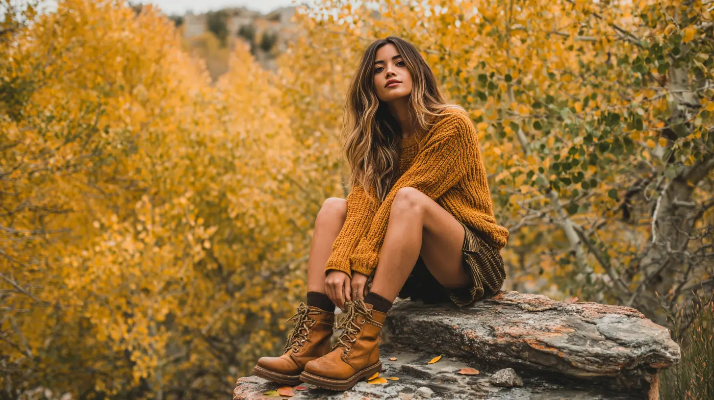 woman on a rock sitting, fall fits