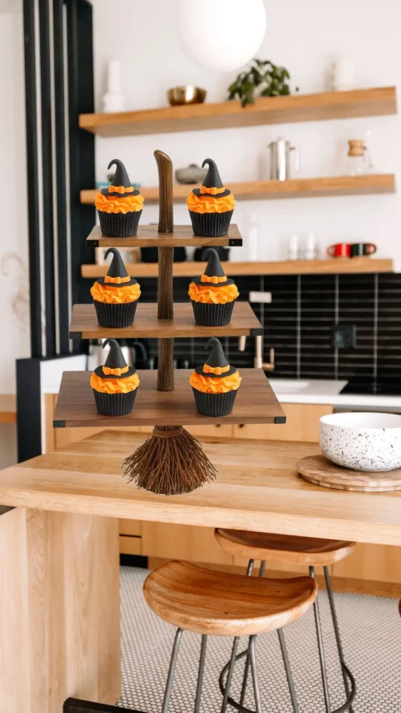 Halloween witch broom  tiered tray with witch cupcakes