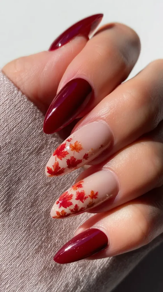 burgundy and maple leaf manicure