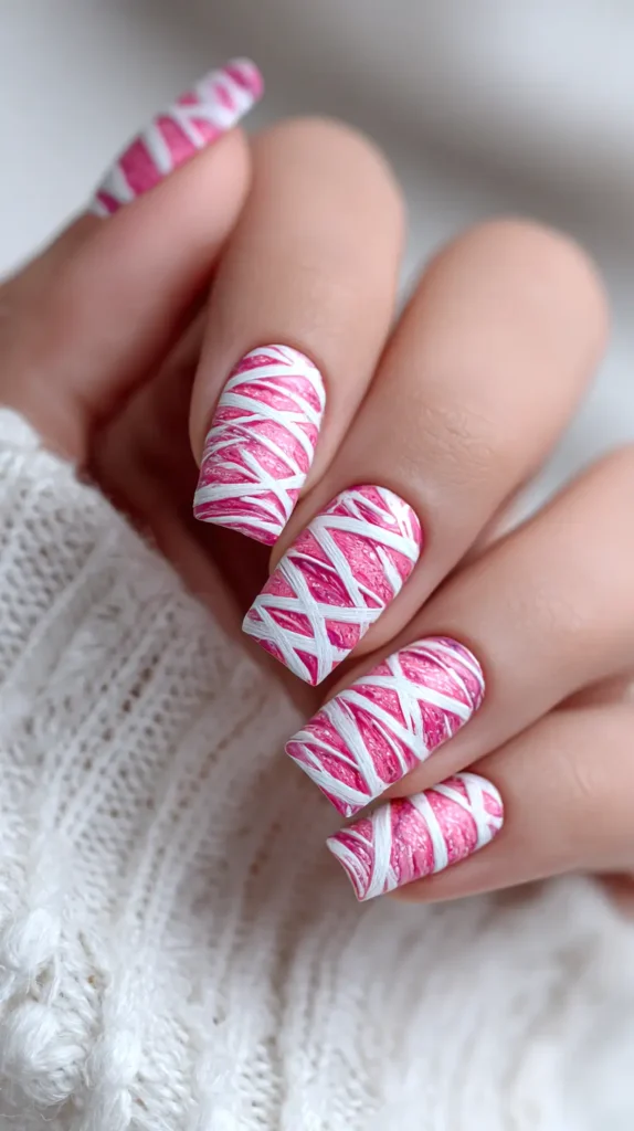 pink nail base with white mummy bandages painted on nails