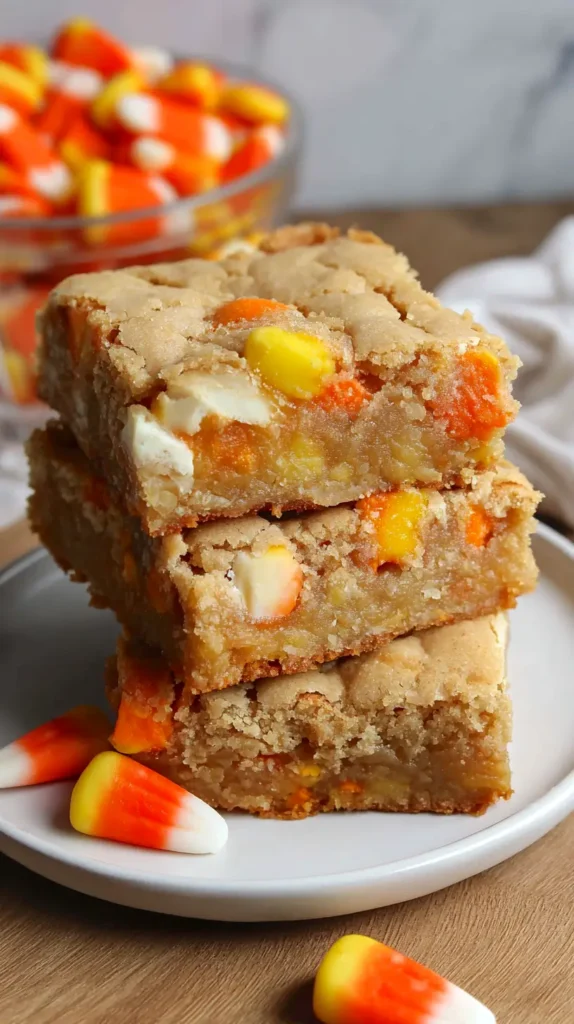 candy corn blondies, stack of 3, bowl of candy corn in the back