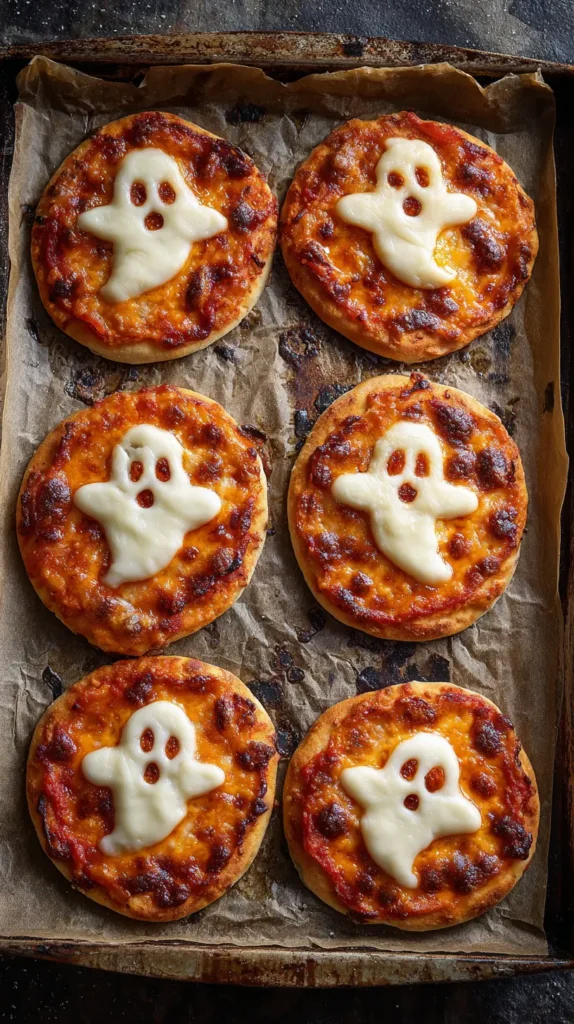 ghost shaped halloween images on mini pizzas