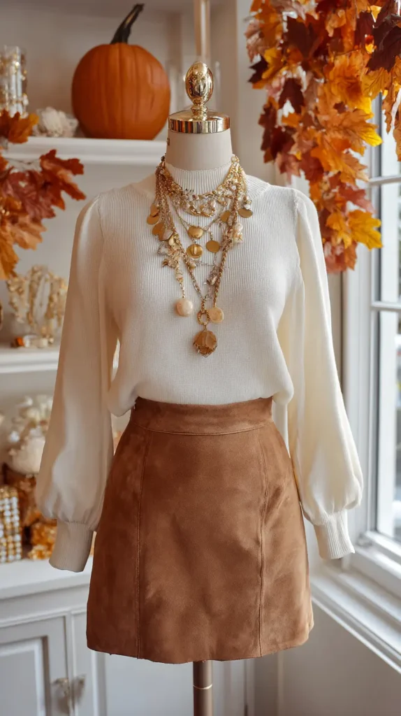 cream sweater on a mannequin with a brown skirt