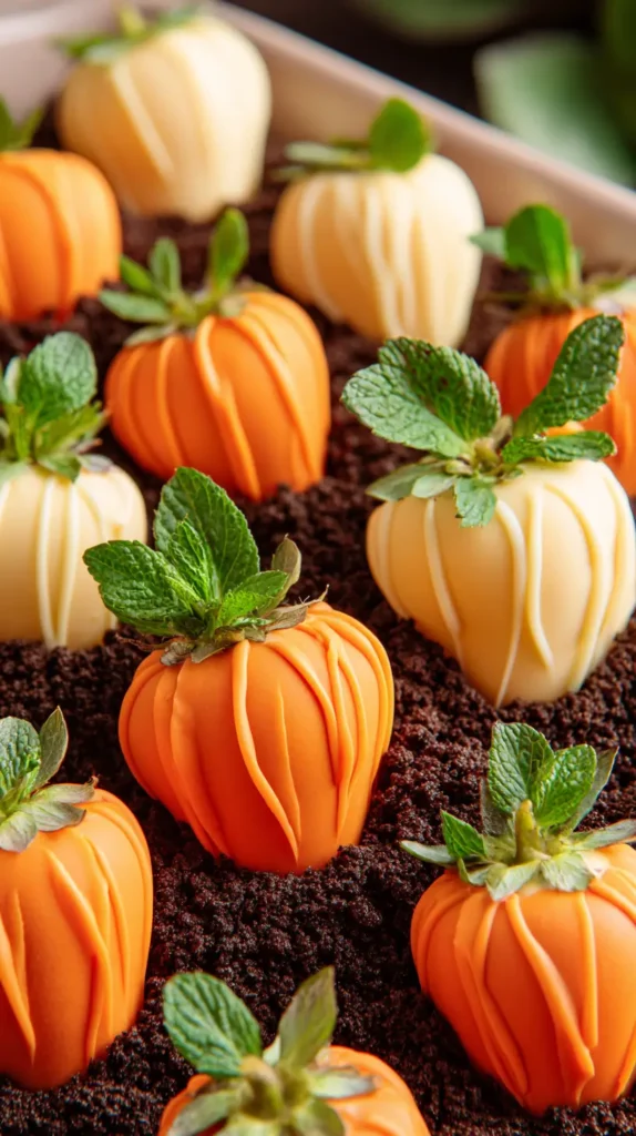 strawberries dipped in orange chocolate to resemble pumpkins in a crumbled chocolate cake patch