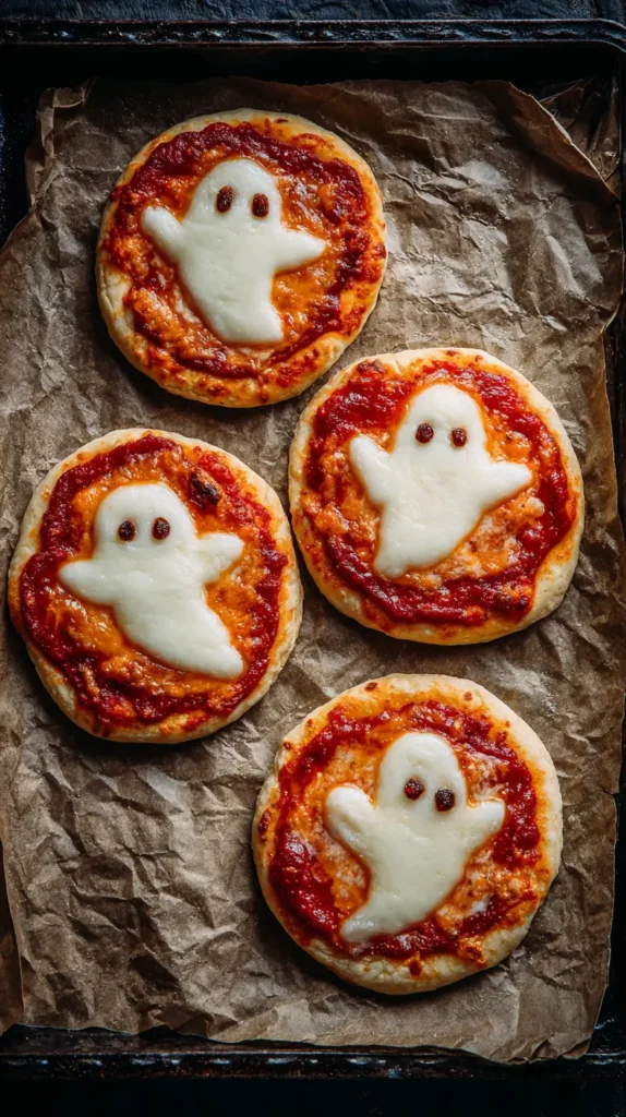 four mini Halloween ghost pizzas