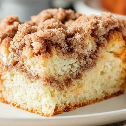 cinnamon coffee cake piece on a white plate