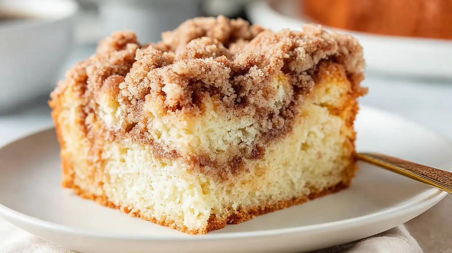cinnamon coffee cake piece on a white plate