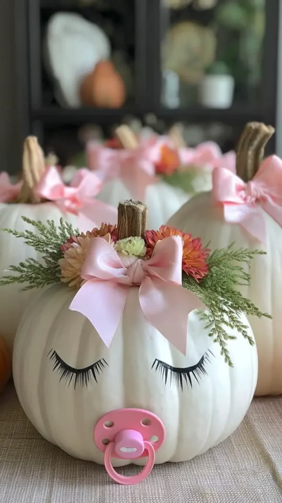 fall baby shower ideas, white pumpkin with eyelashes and pacifier