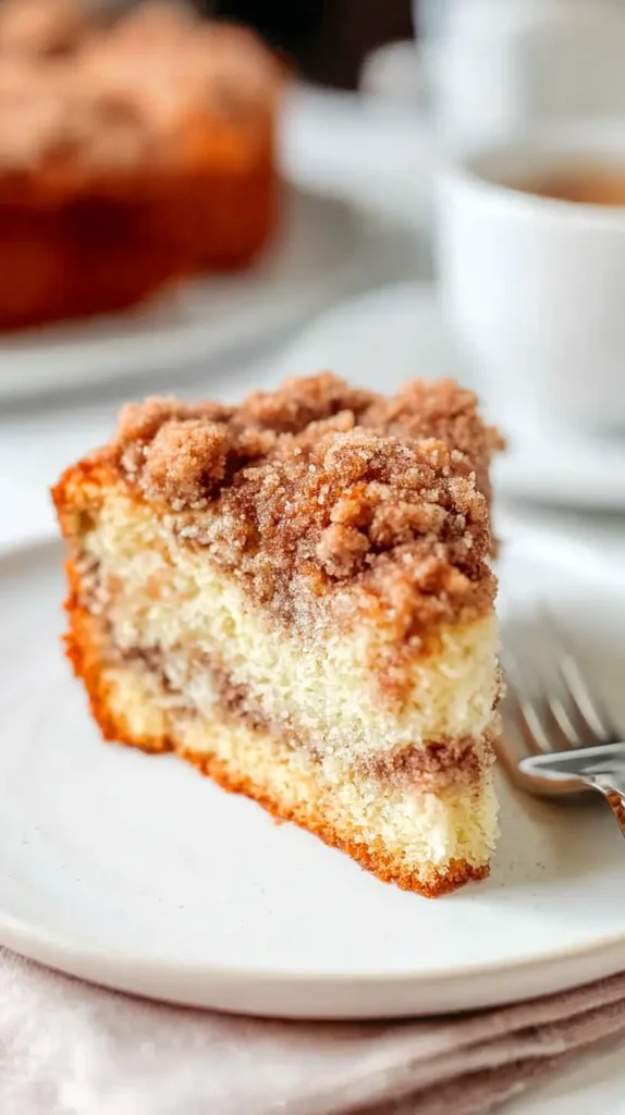 slice of cinnamon coffee cake on a white plate