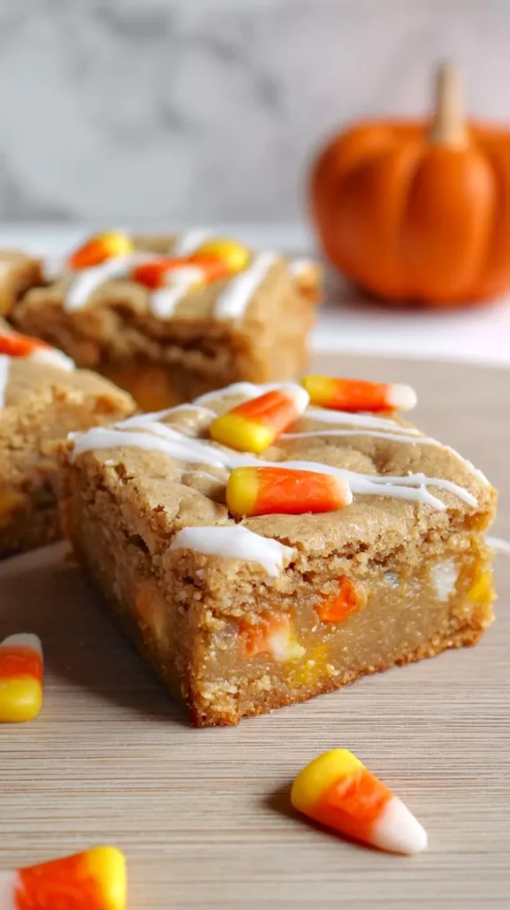 candy corn blondies with white chocolate drizzle