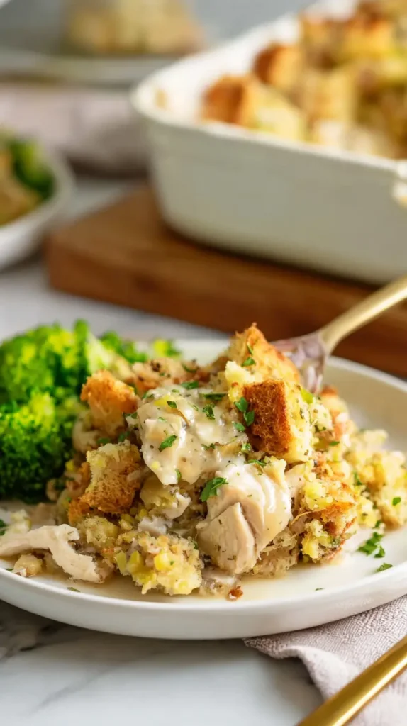 chicken stuffing casserole with a side of broccoli