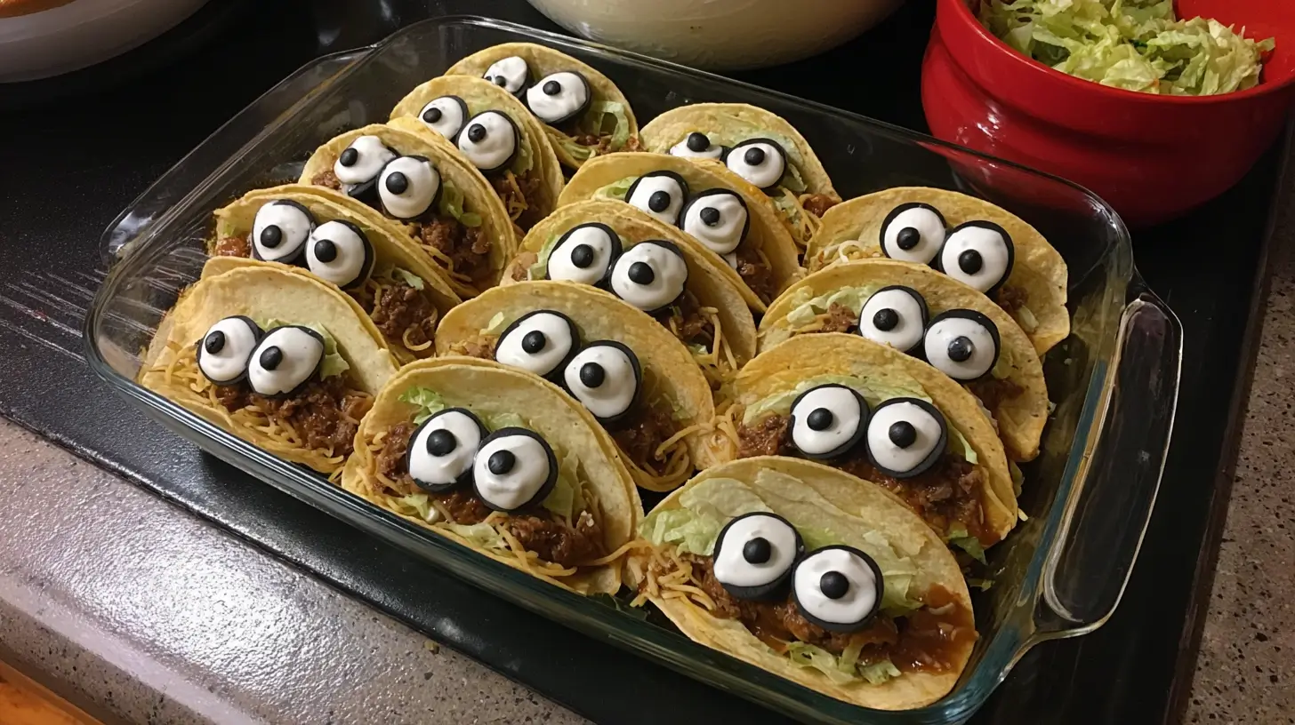 tacos with sour cream eyes and olive pupils, Halloween finger foods