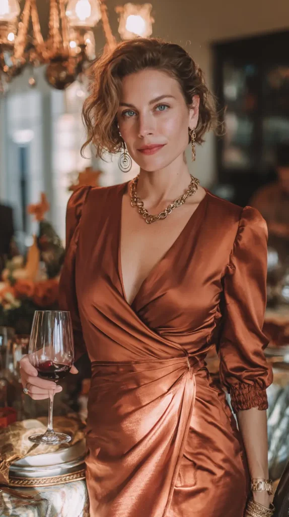 semi-formal wrap dress on a woman in a copper color
