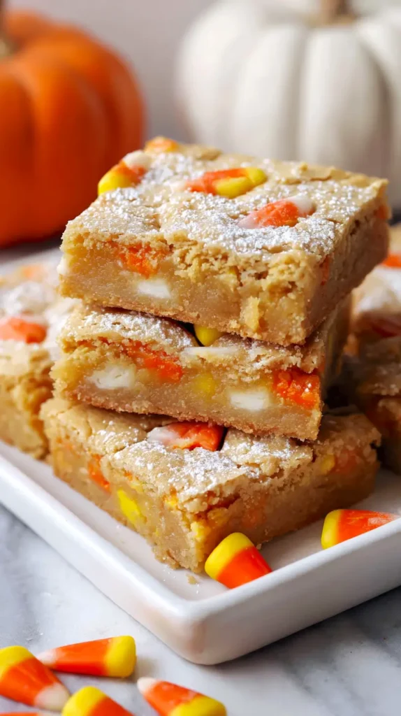 candy corn blondies, stacked